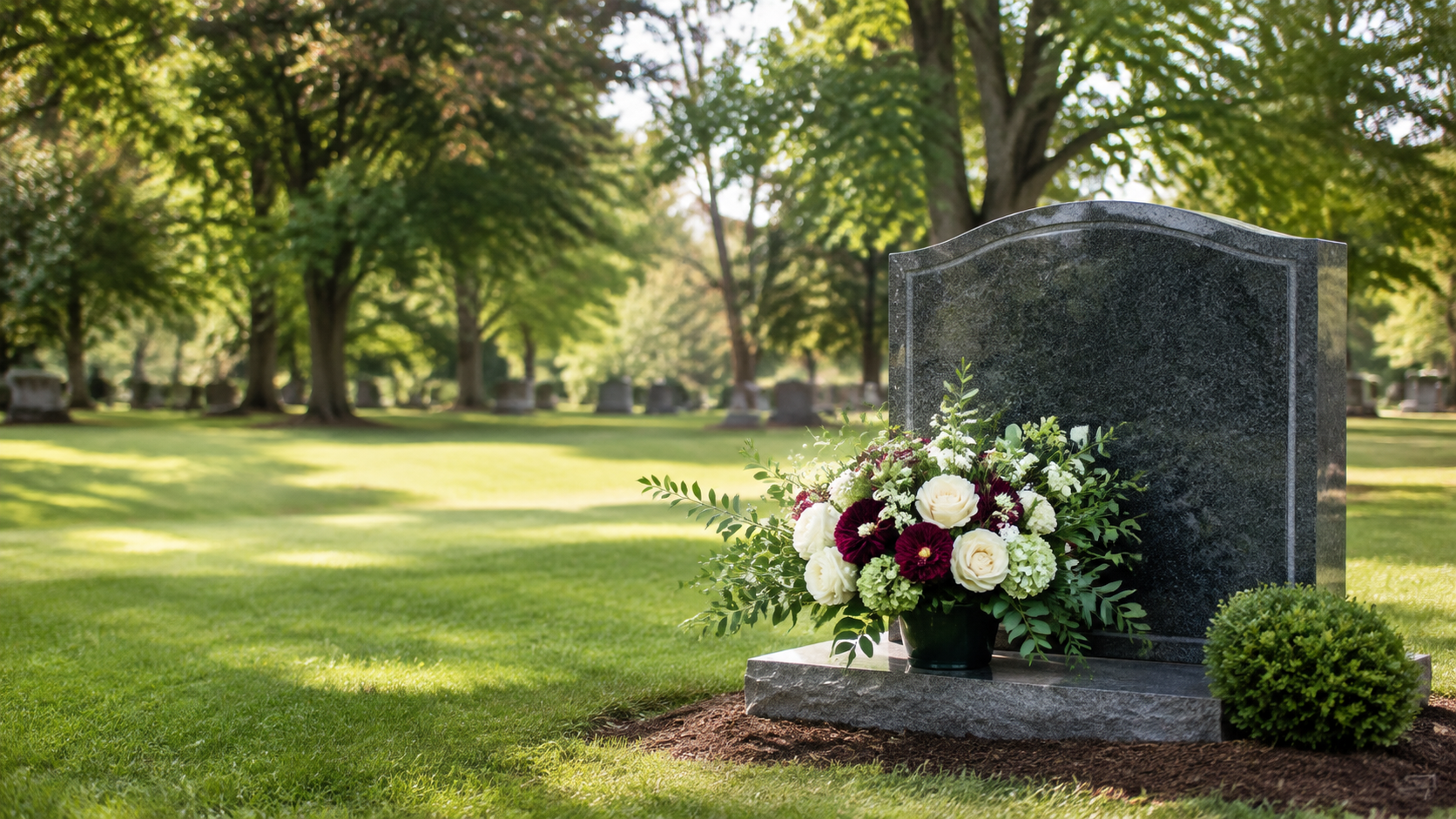 A carefully tended memorial with a floral arrangement