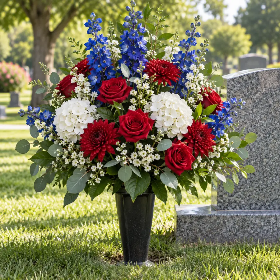 Patriotic summer artificial gravesite floral arrangement example