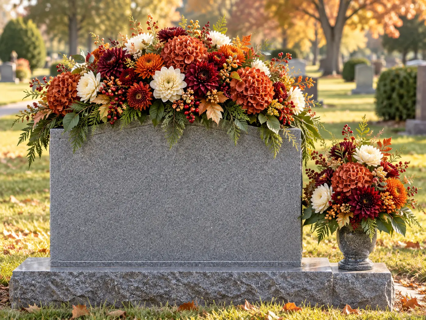 Autumn matching set artificial gravesite floral arrangement example
