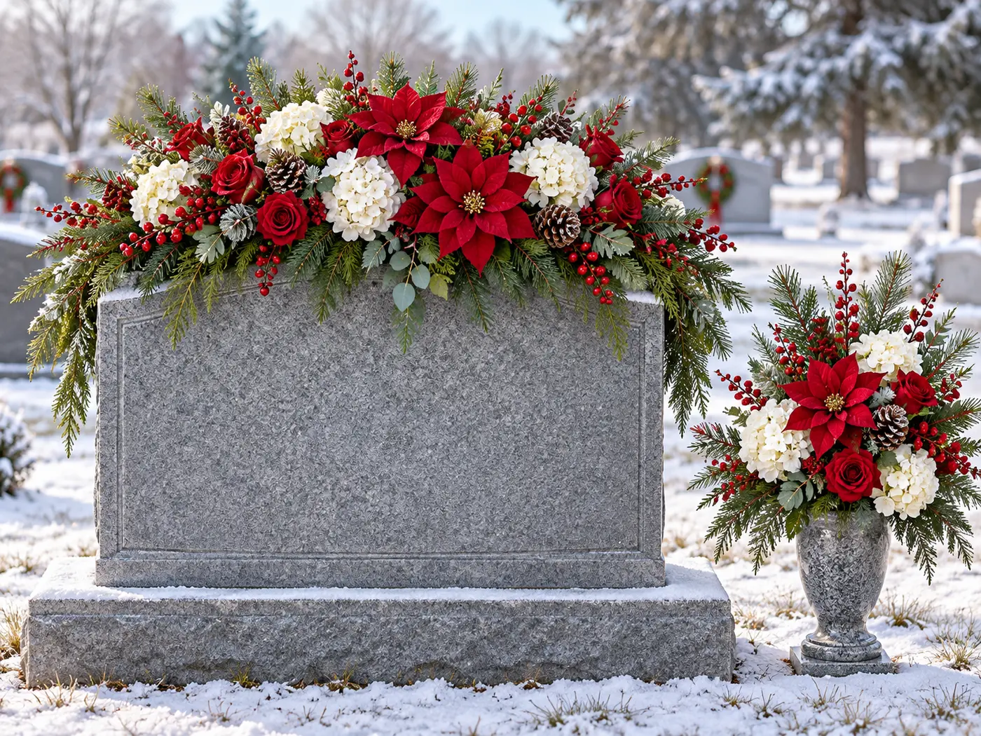 Christmas & winter matching set artificial gravesite floral arrangement example