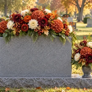 Matching autumn artificial headstone saddle and vase arrangement